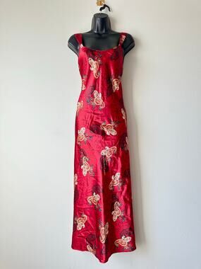 Vintage Jones New York Red Paisley Satin Maxi Slip Dress Lingerie Y2K Boho L